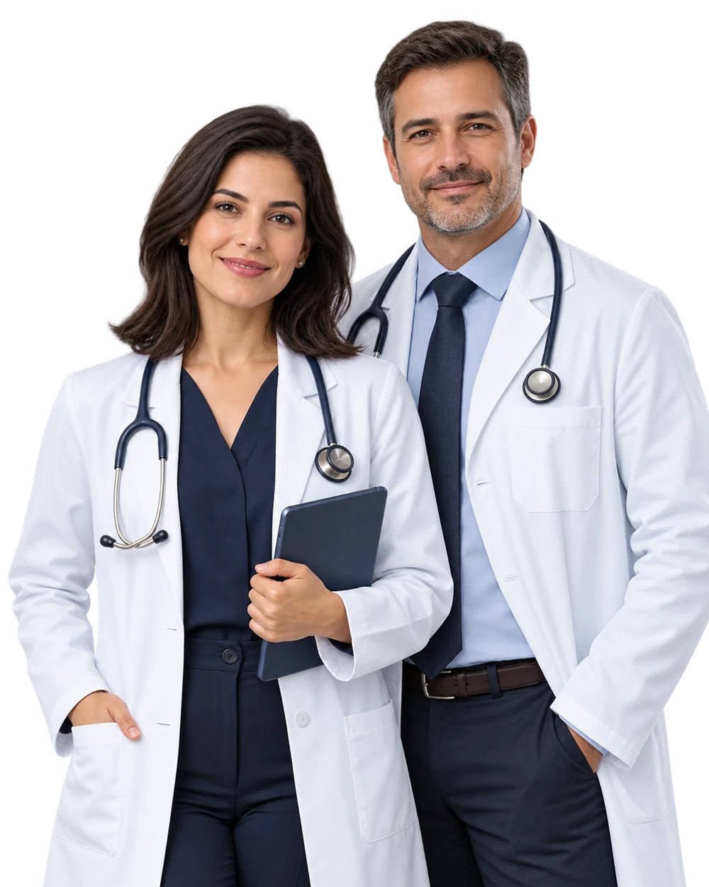 Imagem ilustrativa de uma médica e um médico, com jalecos brancos
